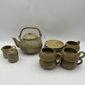 Vintage Chinese Teapot with 6‎ Cups & Saucers Creamer And Sugar Green W/Bamboo